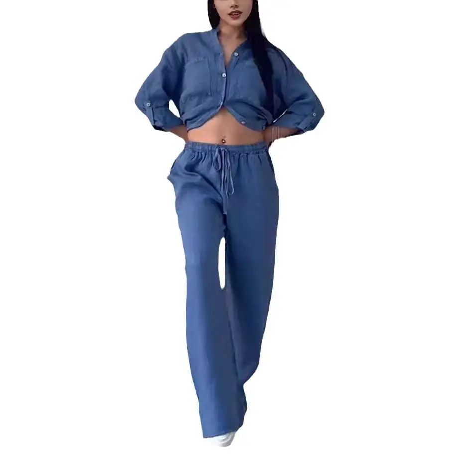 Conjunto de csa casual de aodão e linho de cor sólida com calça de perna larga com cordão, conjunto de moda verão 2024, ...