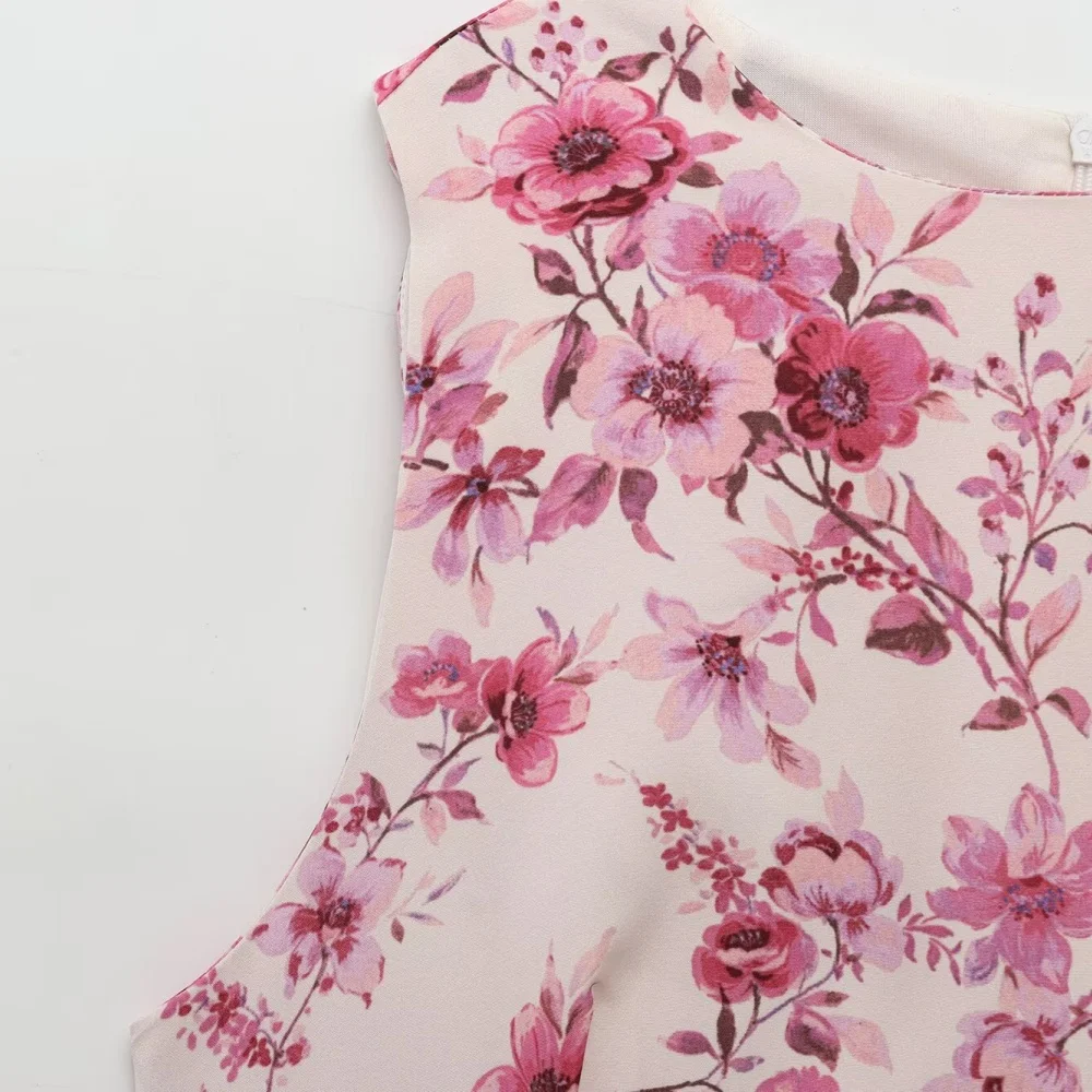 فستان بذلة نسائي بخصر مطبوع عليه زهرة البوبلين ورقبة دائرية بدون أكمام وسحاب خلفي فستان صيفي قصير حلو جديد