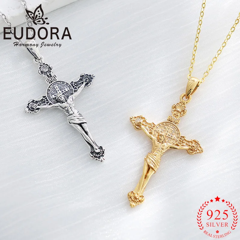 Eudora 925 Sterling Silver Jesus Cross Necklace 18K Gold Amulet Christian St. Benedict Pendant Men Women Vintage Jewelry Gift