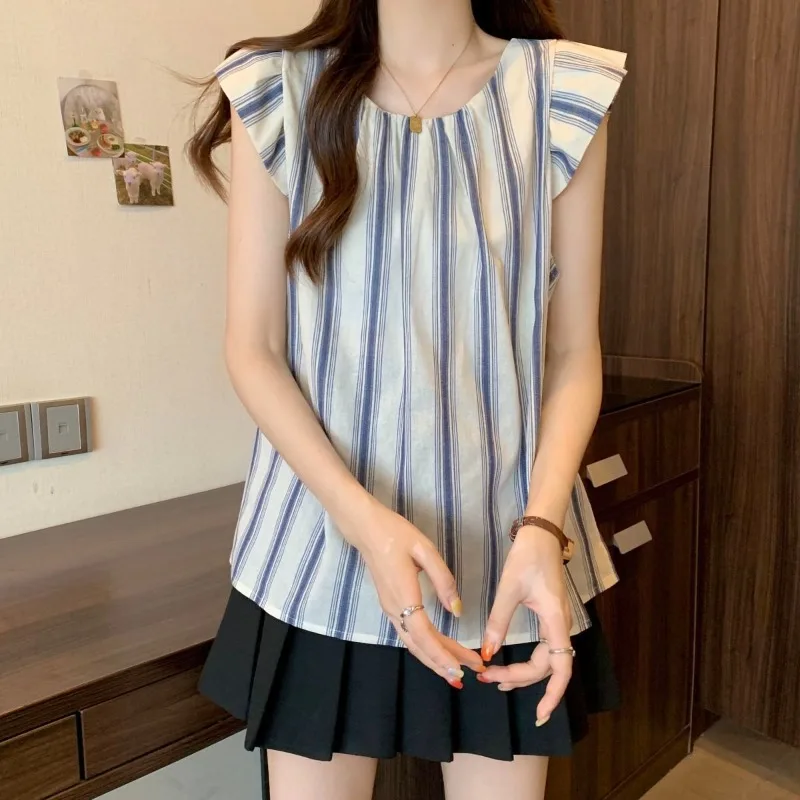 Casual Striped Top Women Flutter Sleeve Vintage Blouse Summer New Simple Tummy Cover Design Relaxed Fit Breathable