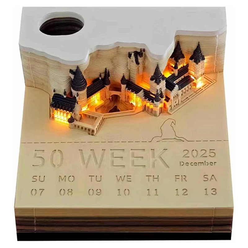 Time Piece Calendar, 2025 Desk Calendar Memo Pad, 3D Magic Castle Time Piece Notepad With Lights