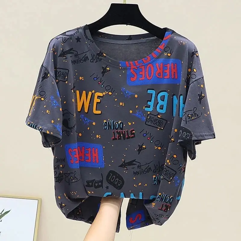 

Summer New Thin Letter Printing T Shirts Short Sleeve O-Neck Loose Trend Plus Size Tops Tees Casual Fashion Women Clothing