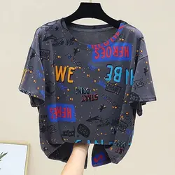 Summer New Thin Letter Printing T Shirts Short Sleeve O-Neck Loose Trend Plus Size Tops Tees Casual Fashion Women Clothing