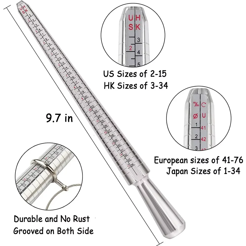 4 Scale Ring Sizer Gauge US/EU/HK/JP Aluminum Alloy Finger Measuring Tool for Jewelry Making Men and Women