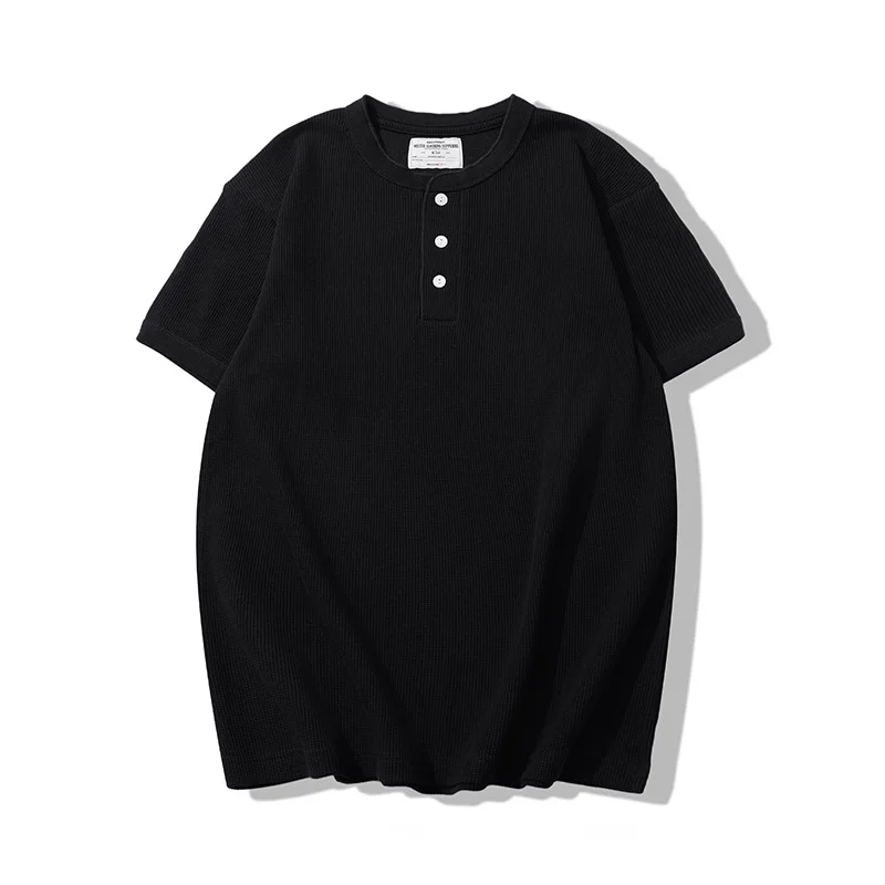 Summer New Amikaji Basic Waffle 230g Solid Color Henry Collar Short Sleeve T-shirt Henry Shirt