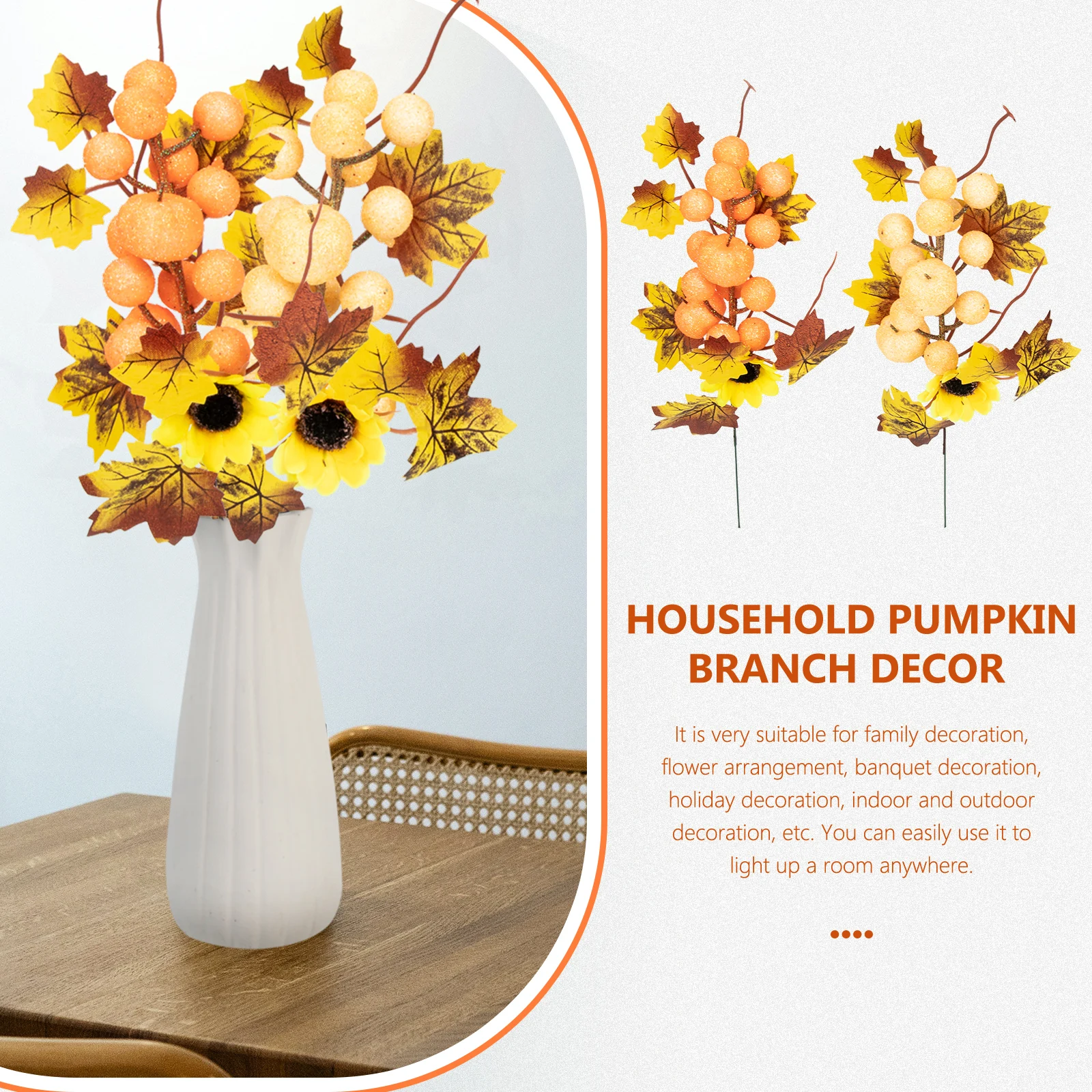 

2Pcs Simulation Maple Leaf Autumn Pumpkin Branch Plastic Faux Fall Flowers Home Office Decor Photo Props