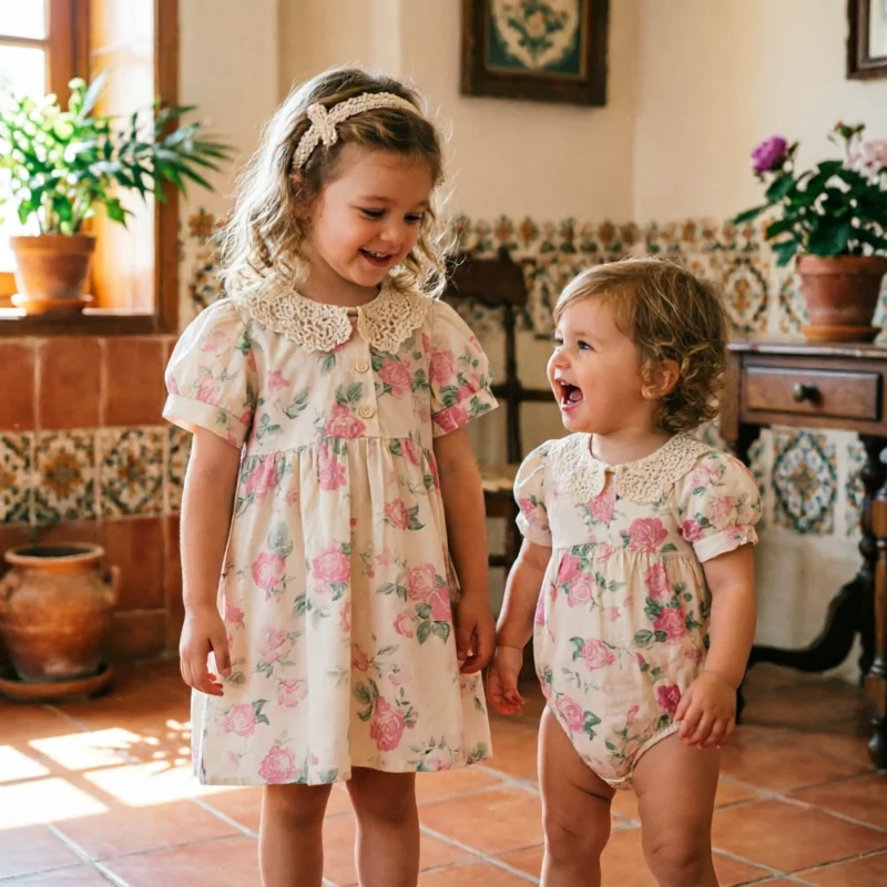 2026 Summer Girls Dress Lace Collar Floral Print Baby Girl Bodysuit Romper Princess Sister Matching Family Outfits For Kids