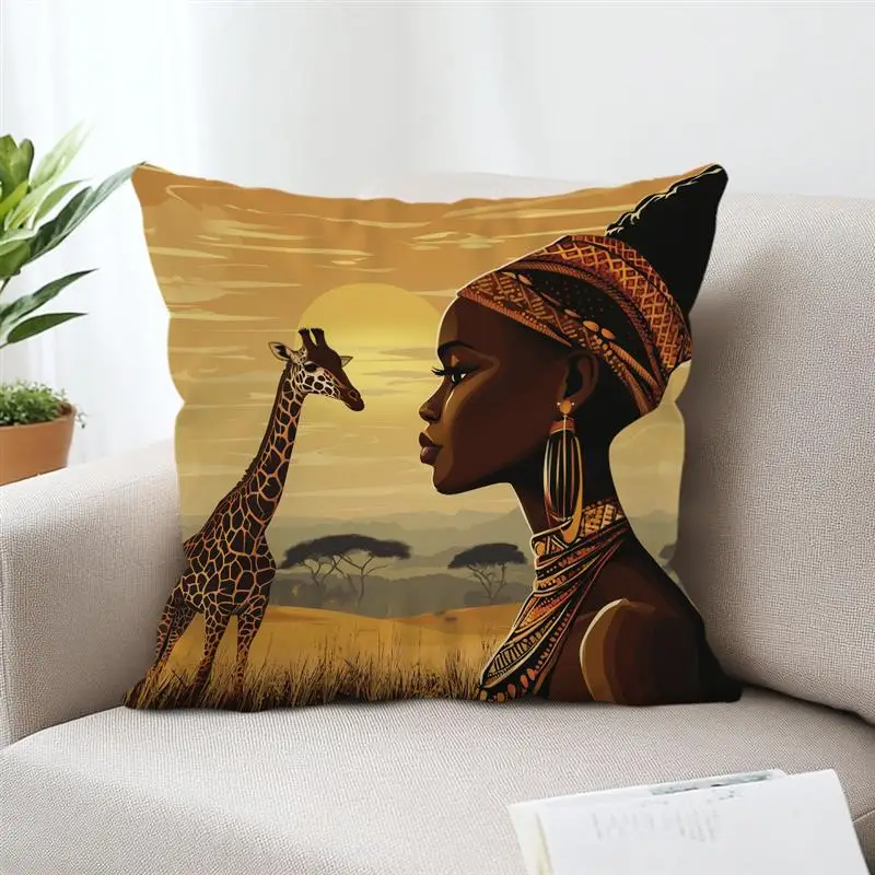 Home Decor African Woman & Giraffe Decorative Pillow Pattern Cushion Cover Suitable for Sofa Bedroom Car Pillow Cover