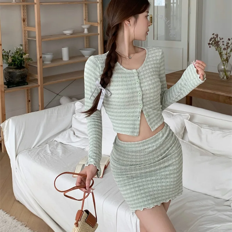 Summer Knitted Long Sleeved Cardigan Two Piece Set Women Fashion Short Crop Top + Holiday Beach Mini Skirt Suits Female Outifits