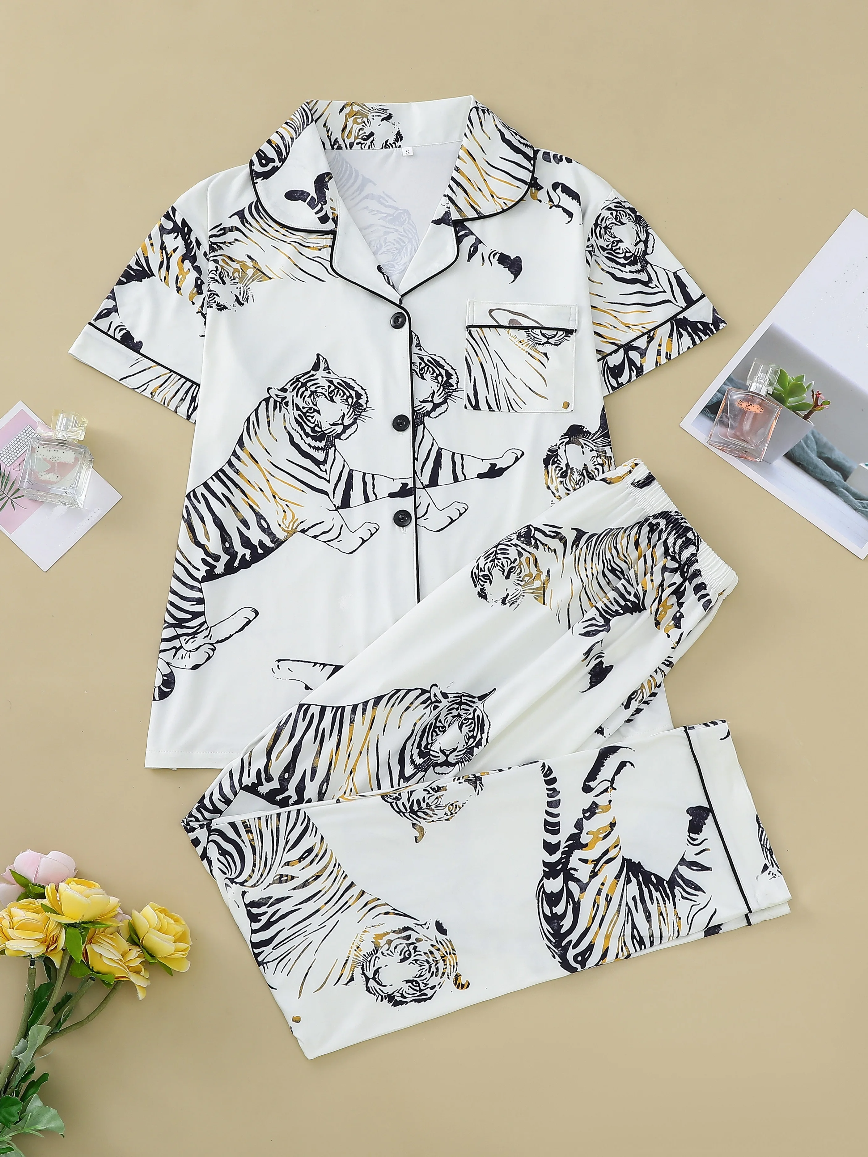 Animal tiger print pajama set for women casual short-sleeved lapel top and loose trousers comfortable all-season loungewear