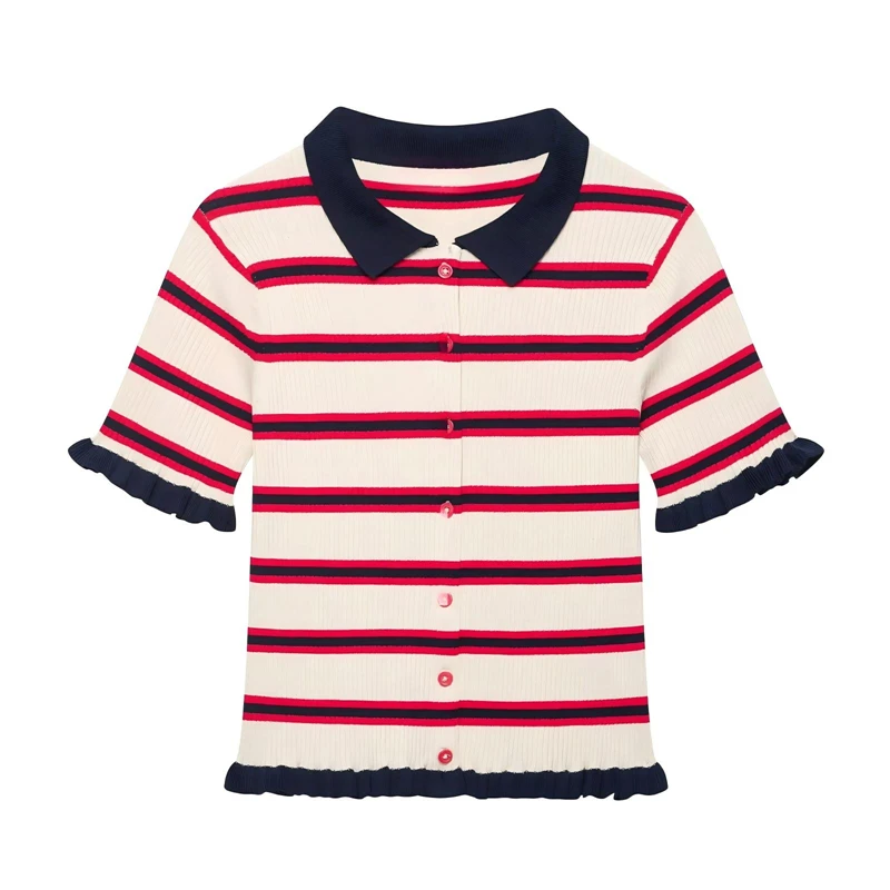 Women Striped Knit Cardigan Contrast Polo Collar Ruffle Cuff Hem Short Sleeve Button Down Cropped Sweater Top Minimalist Outfit