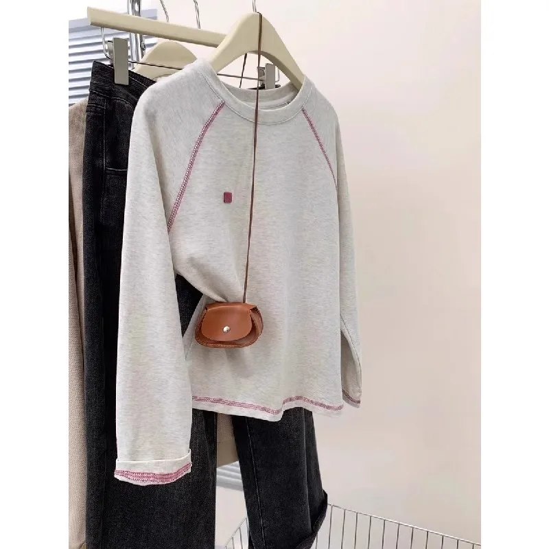 

Женская свободная футболка в корейском стиле с длинным рукавом, больших размеров (до 300 фунтов), утягивающая, базовый слой, хлопок, круглый вырез, весна-лето