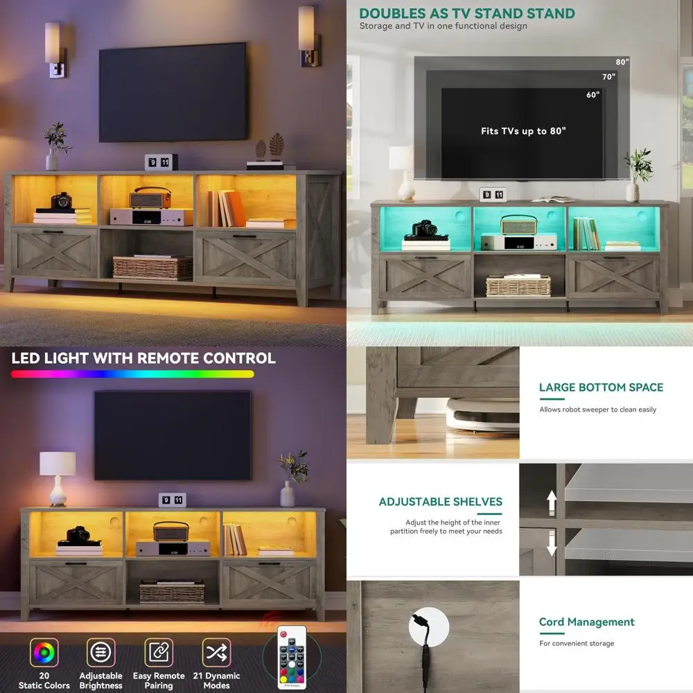 Soporte para TV de granja de 70 pulgadas con iluminación LED, compatible con televisores de hasta 80 pulgadas, consola multimedia con almacenamiento y divisor personalizable, en