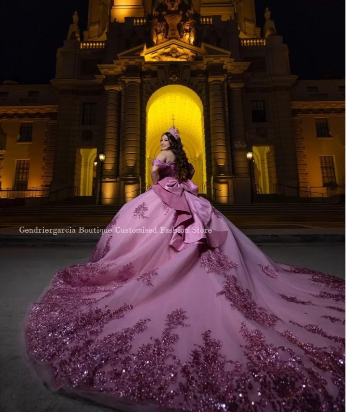 Rosa rosa princesa lindo quinceanera vestidos catedral trem elegante um ombro diamante frisado apliques méxico personalizado