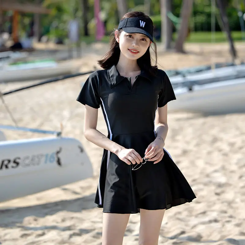 

plus Size Women's Swimwear Sports Skirt Style Thermal Hot Spring Swimsuit Concealing Meat Black Two-Piece Short Sleeve A-Line...