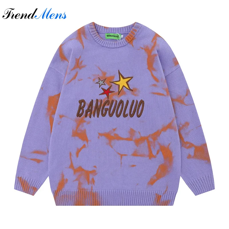 

Men's Tie Dyed Sweater Loose and Comfortable High Street Long Sleeve Pullover Fashion Embroidery Round Neck Knit Autumn Winter