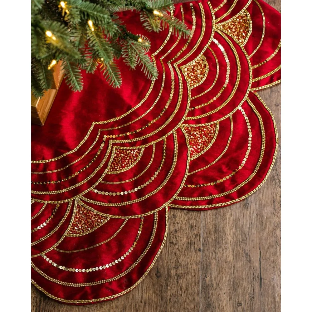 Elizabeth Beaded Tree Skirt in Cranberry Red with 60 Inch Diameter, Scalloped Edges with Hand-Applied Beads and Sequins