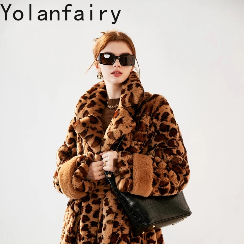 

YOLANFAIRY Осенне-зимнее пальто с леопардовым принтом для горячей девушки, импортированное пальто из кролика рекса, утолщенное меховое пальто с v-образным вырезом и длинными рукавами шуба 2025 г.