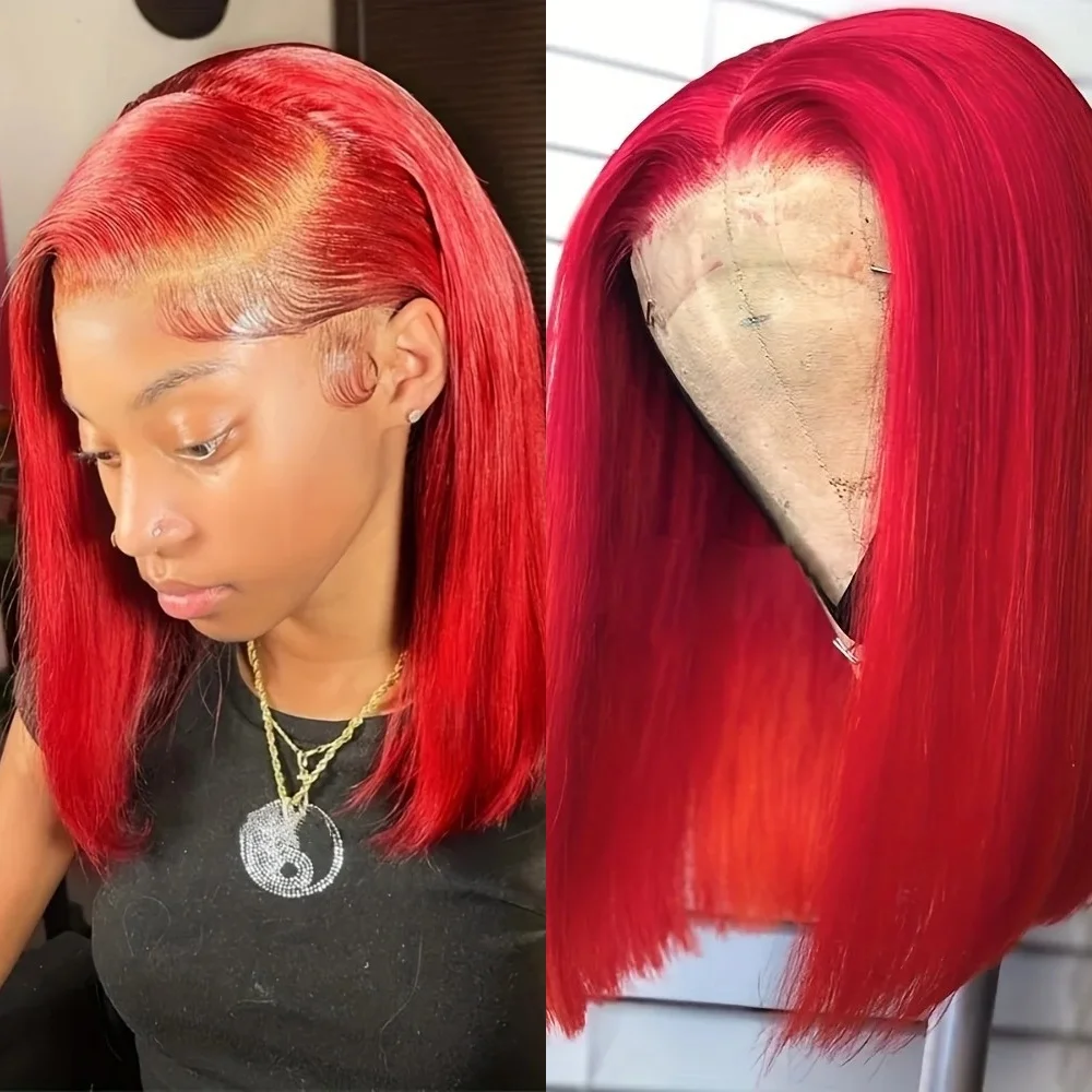 

Красный парик-боб с кружевной передней частью 13x4, короткий парик-боб без клея, с прозрачным кружевом, термостойкий, синтетический, для женщин