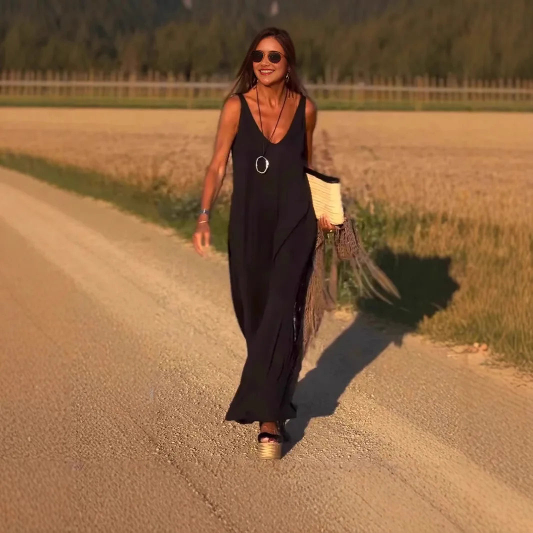 Solido Moda Elegante Casual Boho Abiti Per Le Donne Robe Femme Abiti Nuova Estate delle Donne Sexy Con Scollo A V Della Cinghia di Spaghetti Vestito