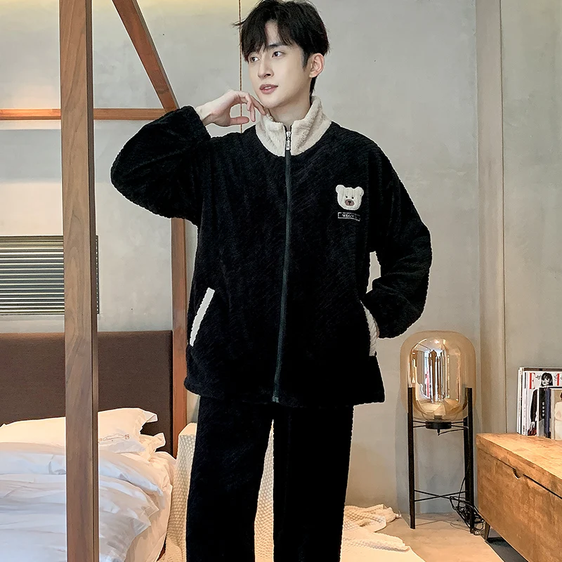 Winter Male Thickening Flannel Lounge Wear Long-sleeve Coral Fleece Sleepwear Big Yards Pajamas Zipper Cardigan Pijamas Hombre