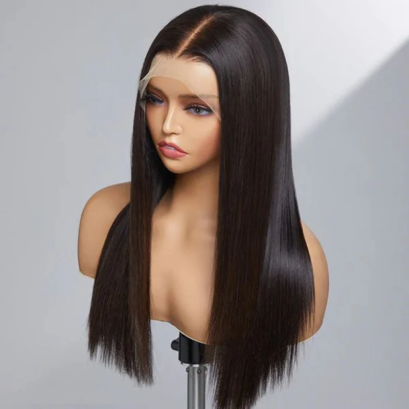 

Front lace black middle-parted long straight hair wig, synthetic fiber full headpiece, fashionable, natural, and realistic wigs