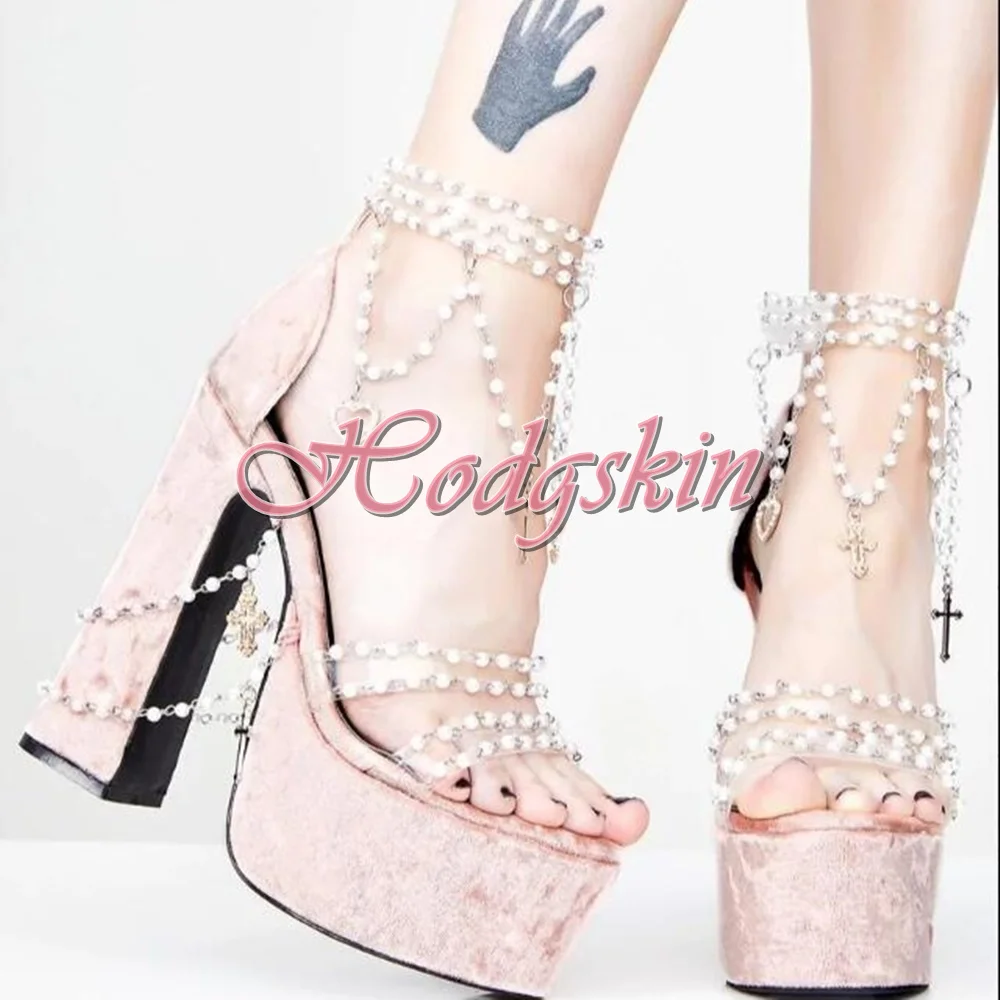 Pearl Chain Crystal Sandals Open Toe Platform Chunky High Heels Solid Sexy Style Sandals Hook And Loop Summer Party Dress Shoes