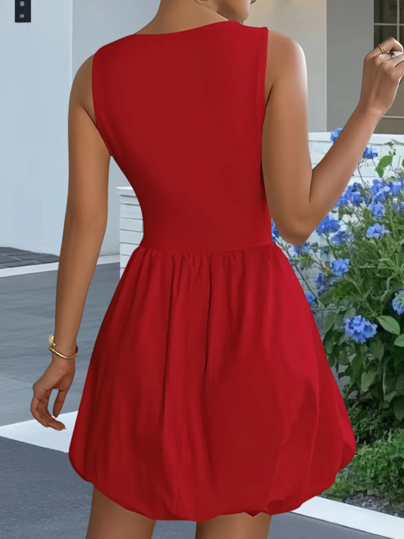 Elegant Ladies Crew Neck Sleeveless Short Dress High Waist Gathered Bubble Skirt With Pockets Slim Fit Solid Casual Summer Holid