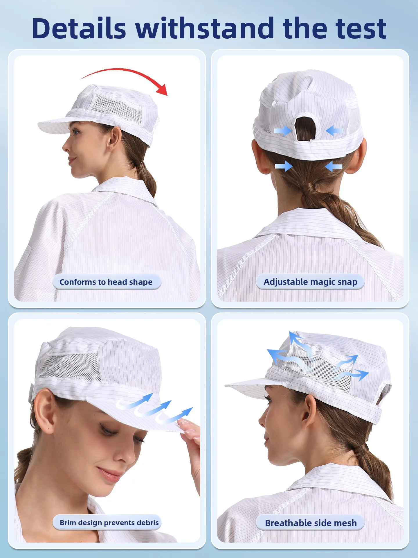 Blue White Anti-Static Breathable Duckbill Cap Unisex Dust-Free Cleanroom Electronic Work Hat Comfortable Casual Head Protection