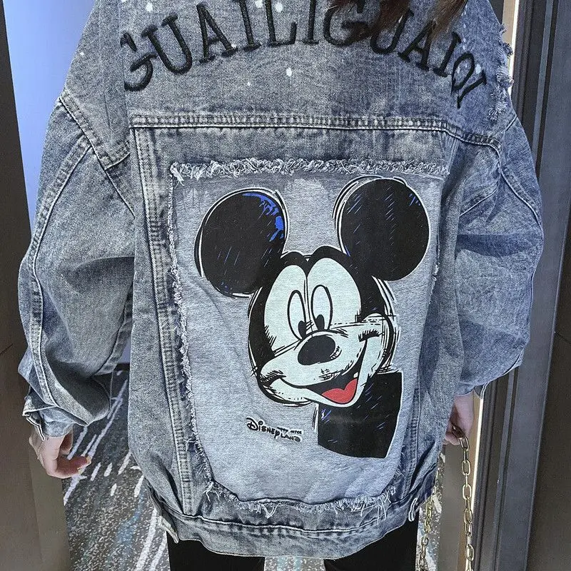 Miniso Disney Cartoon Streetwear Denim Jackets Mickey Mouse Print Harajuku Coats Button Oversized Outerwear Casual Women\'s Coats