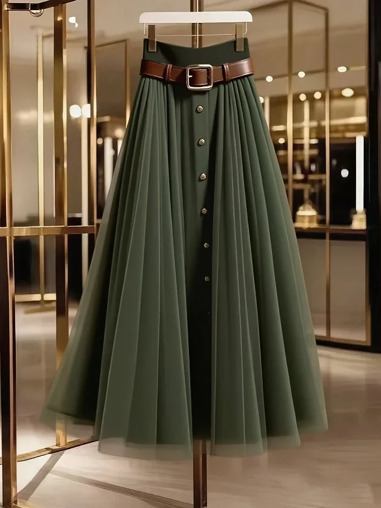 Ladies Spring Autumn Elegant Solid Color Mesh Splicing Single-breasted Decoration Casual Commuter High Waist Pleated Skirt