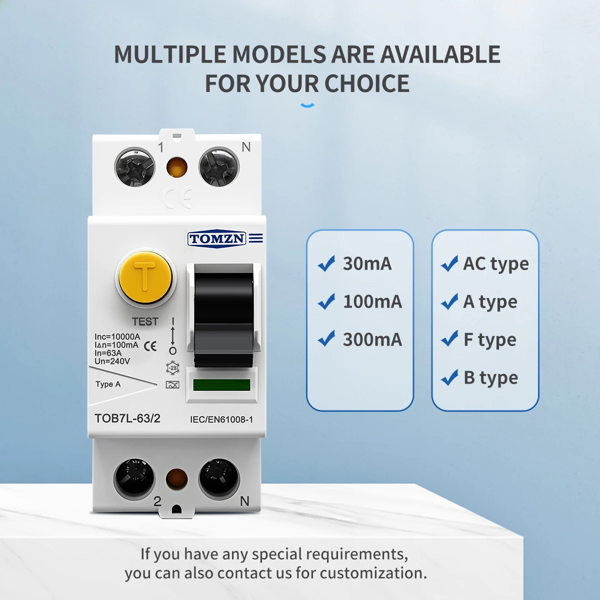 Electromagnetic Residual Current Circuit Breaker AC Type A Type F Type B type 2P 4P 63A 30mA 100mA 300mA RCCB For Shower Room