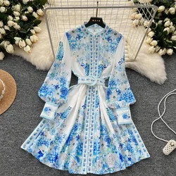 Retro Elegant sashes o neck Single Breasted print Dress lool  Sleeve A-line Casual High Waist Women Summer sweet Dresses