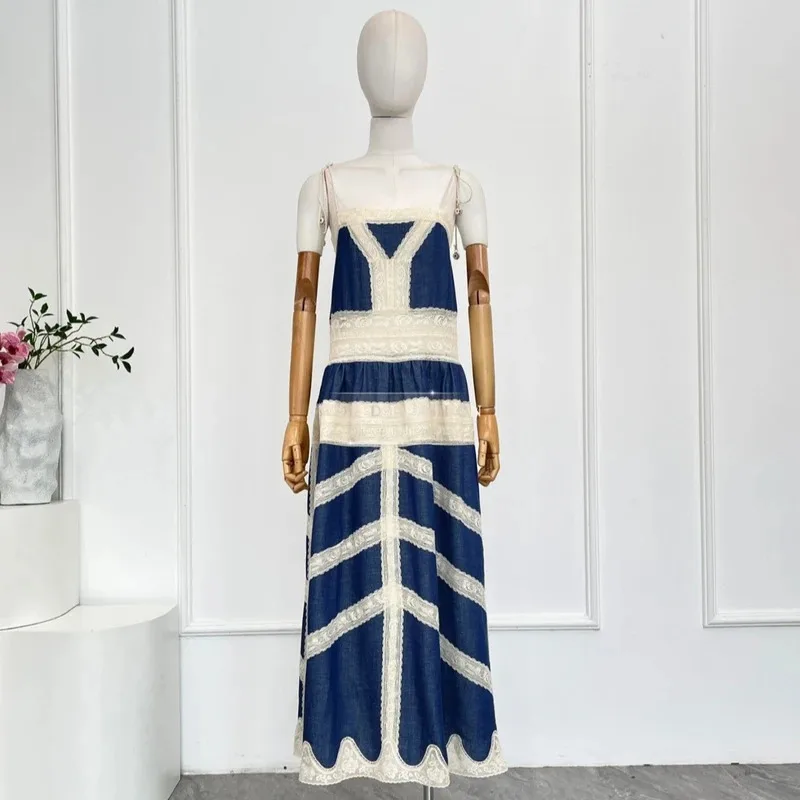 Vestido de mujer 2026 primavera nuevo blanco azul encaje Patchwork sin mangas vestidos Midi