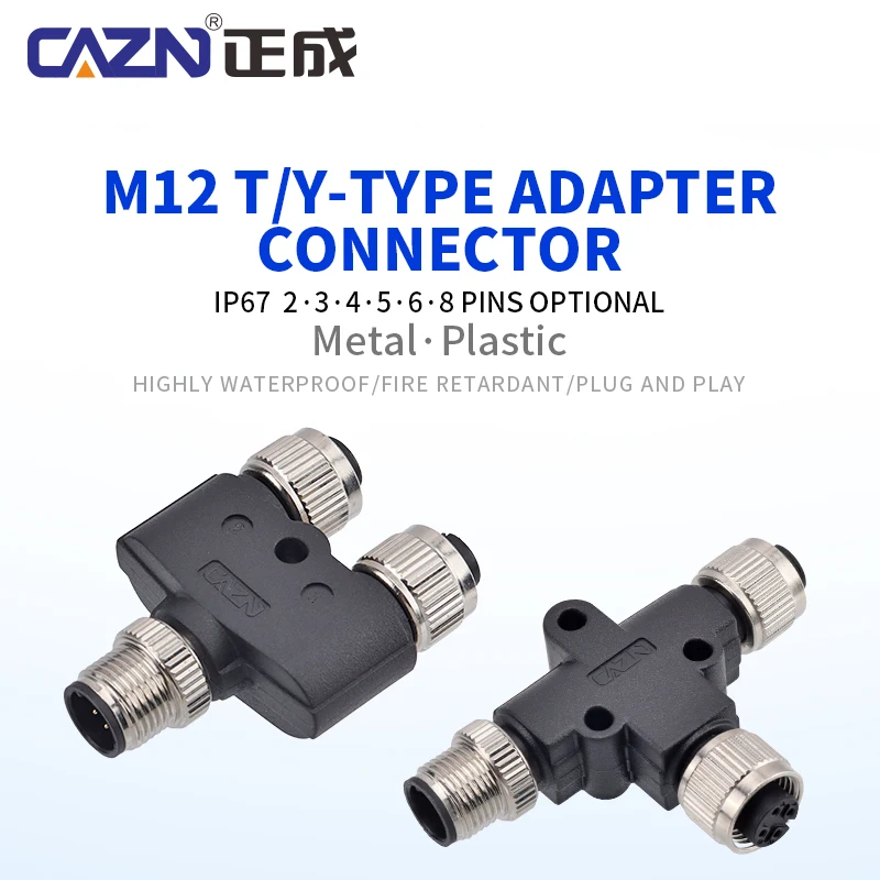 M12 Sensor Connector Male Splitter Y Shape Overmolded Plug Connector IP67 Rated Brass Contact Automotive Use