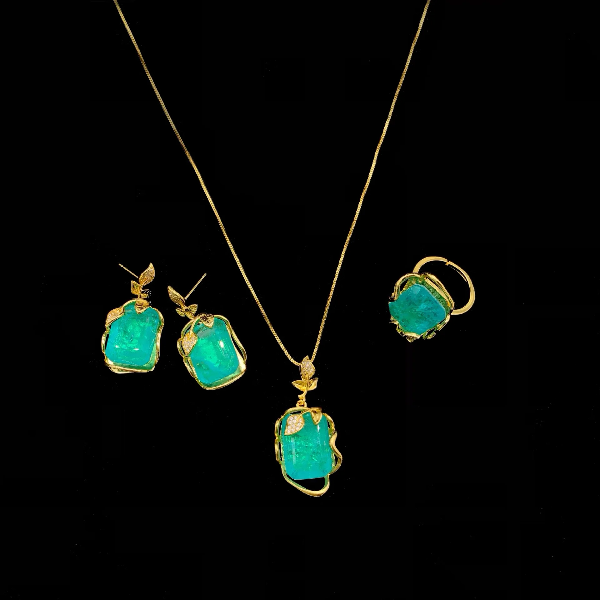 

Turkey Blue Stone Square Necklace Ring Earring Set Exquisite Fashion High Sense Jewelry Sets for Women Choker Collar Gifts