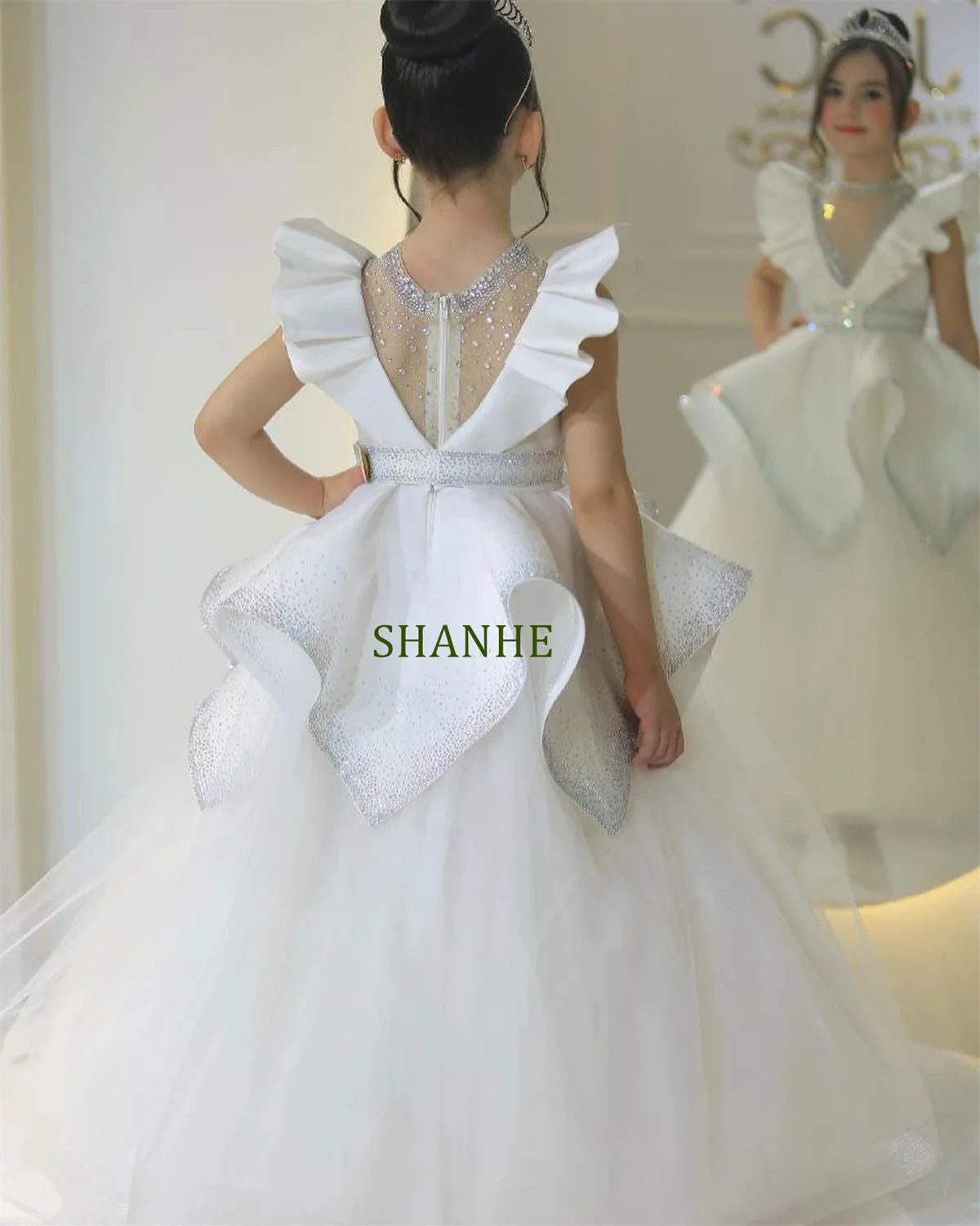 

CustomizedFlower Girl Dress Illusion Beading Sparking Beads Stones High-neck Fly-sleeve Ball Gown Maxi Skirt for Toddler 1-14T