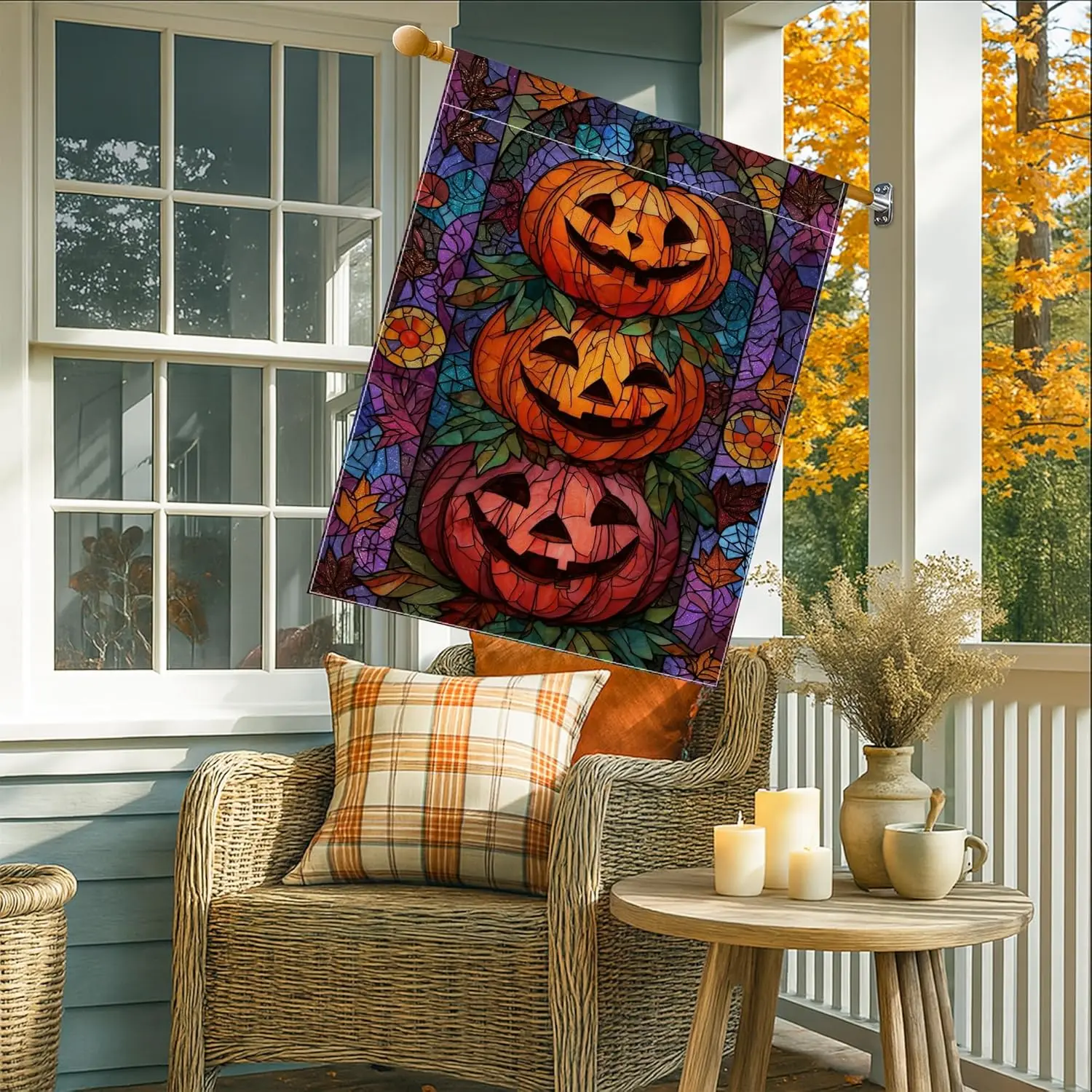 Autumn Harvest Pumpkin Garden Flag, Colorful Stained Glass Fall Decor Outdoor Banner, Double Sided Yard Flag for Halloween T yyi
