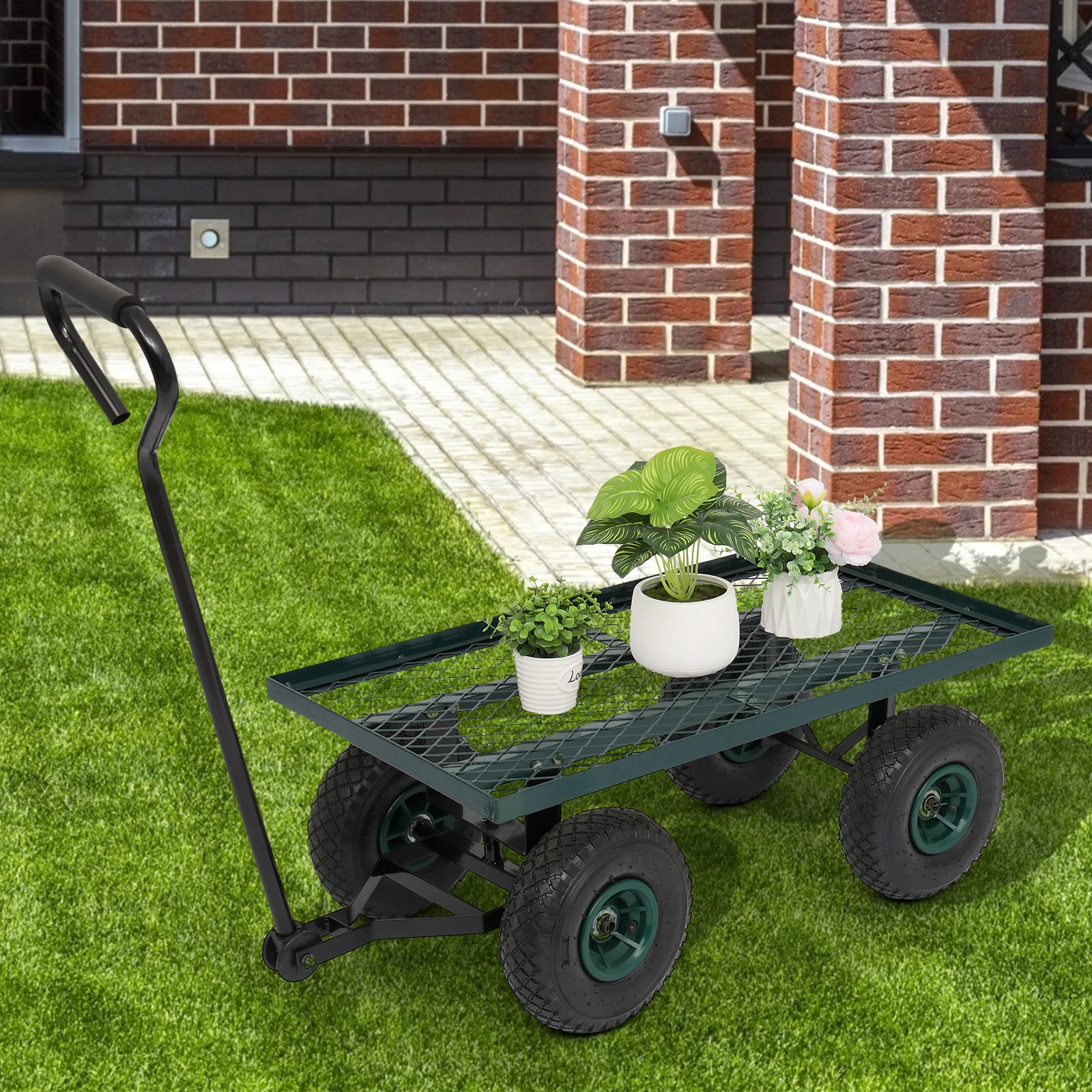 86*46*97cm Garden Iron Wood Four Wheel Square Garden Wagon Green