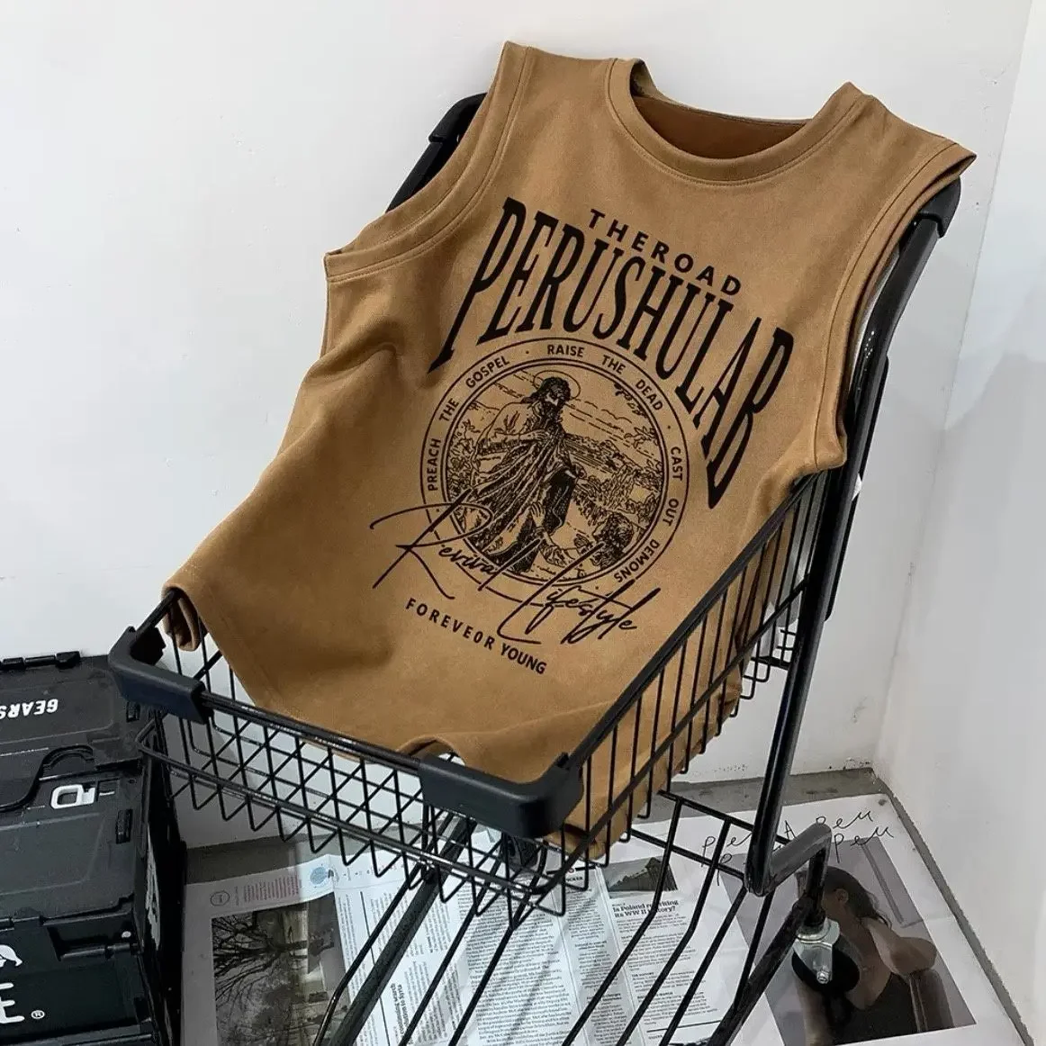 Suede American retro sleeveless t-shirt men summer loose ruffian handsome ins trend vest student top y2k clothes t shirt men