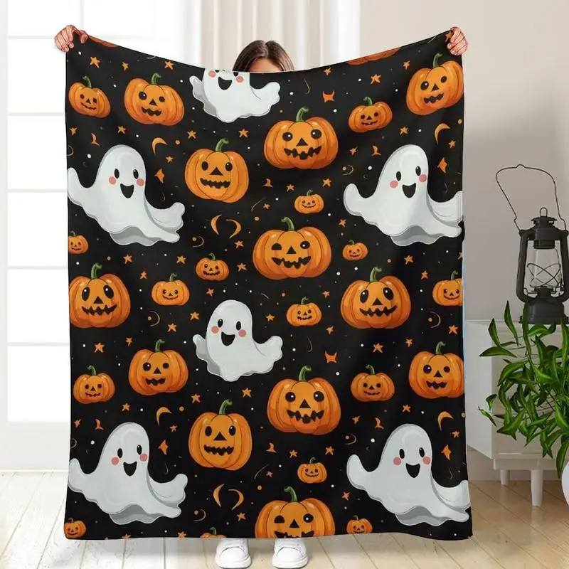 Ghost Throw Blanket Flannel Cartoon Fall Blanket 59 X 39 In Cute Pumpkin Ghost Print Holiday Favor Bed Linings Breathable For