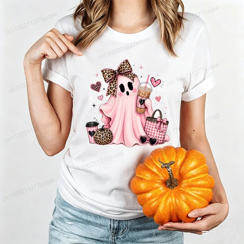 Women T-shirt Hip Hop Street Leopard Pink Bow Ghost Graphics T-Shirts Short Sleeve Couple Wear Tops Iced Coffee Ghost Clothing