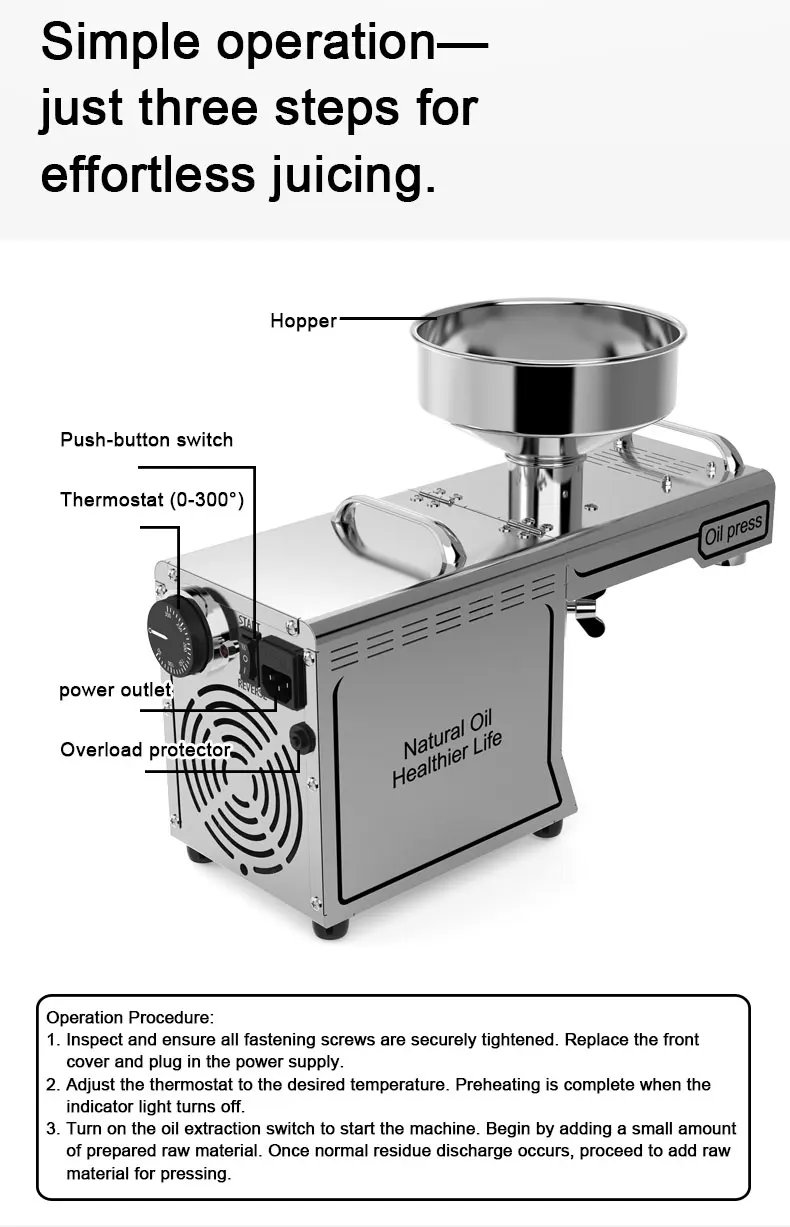 2025 Verbesserte Ölpressmaschine, 110 V/220 V, Doppelspannung, geräuscharm, leicht zu reinigen, für kleine Unternehmen/Haushalt, Edelstahl in Lebensmittelqualität – Detail 9