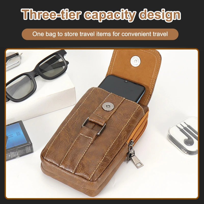(BF06)Vintage Style PU Leather Waist Strap Bag Waterproof With Waist Hook Chest Bag Multi Layer Mobile Phone Bag Travel 1PC