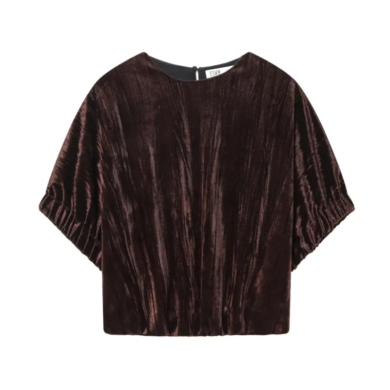 

Women Velvet Balloon Top Autumn Round Neck Short Sleeves Elasticated Cuffs Pullover Casual Fashion Chic Female Tops