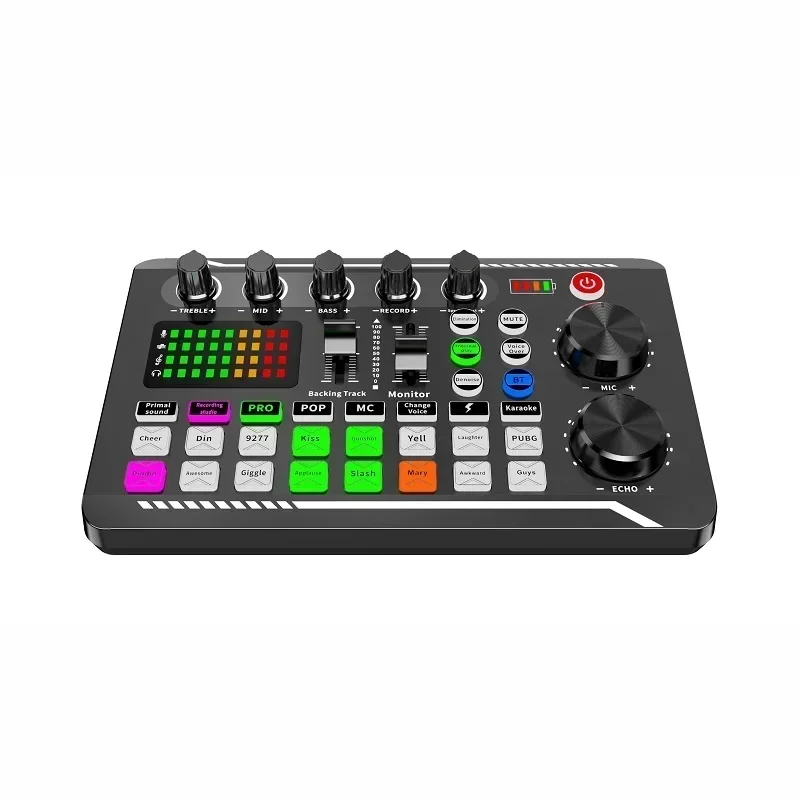 F998 Live geluidskaart en audio-interface met DJ Mixer-effecten en stemwisselaar, Bluetooth Stereo Audio Mixer, voor YouTube Stream