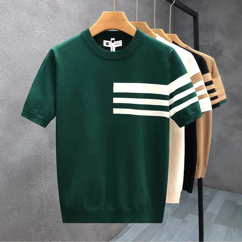 Korean Style 2025 Summer New Fashion Men's Striped Contrast Color O-neck Short Sleeve Breathable