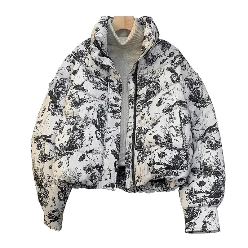 レディース 2025 冬物 大きいサイズ ショート丈 コットン服 プリント柄 長袖 ゆったり カジュアル 防風 ブレッドジャケット パーカー トップス w959