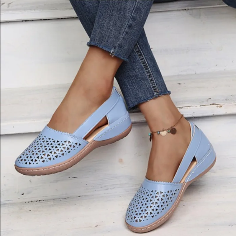 Rimocy Pink Leather Hollow Out Loafers Women 2022 Autumn Slip on Wedges Sneakers Women Plus Size 35-44 Casual Flats Shoes Woman