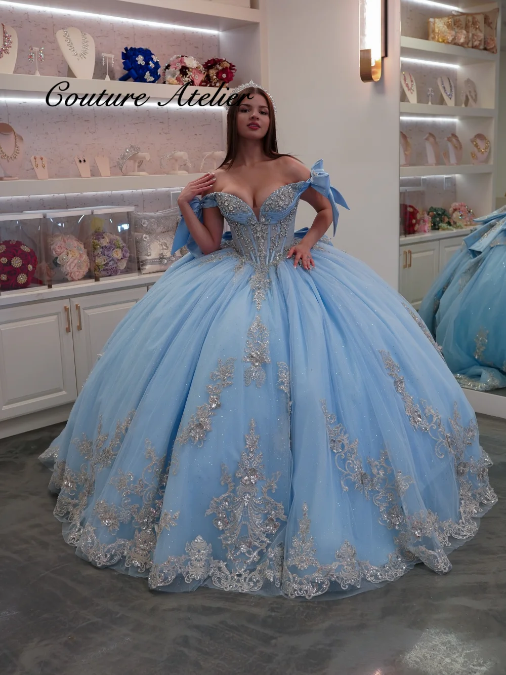 Himmelblaues schulterfreies Quinceanera-Kleid mit Applikationen, Ballkleid, Rüschen, Perlen, mexikanisches 2025, Geburtstags-Luxuskleid, individuell gestaltet